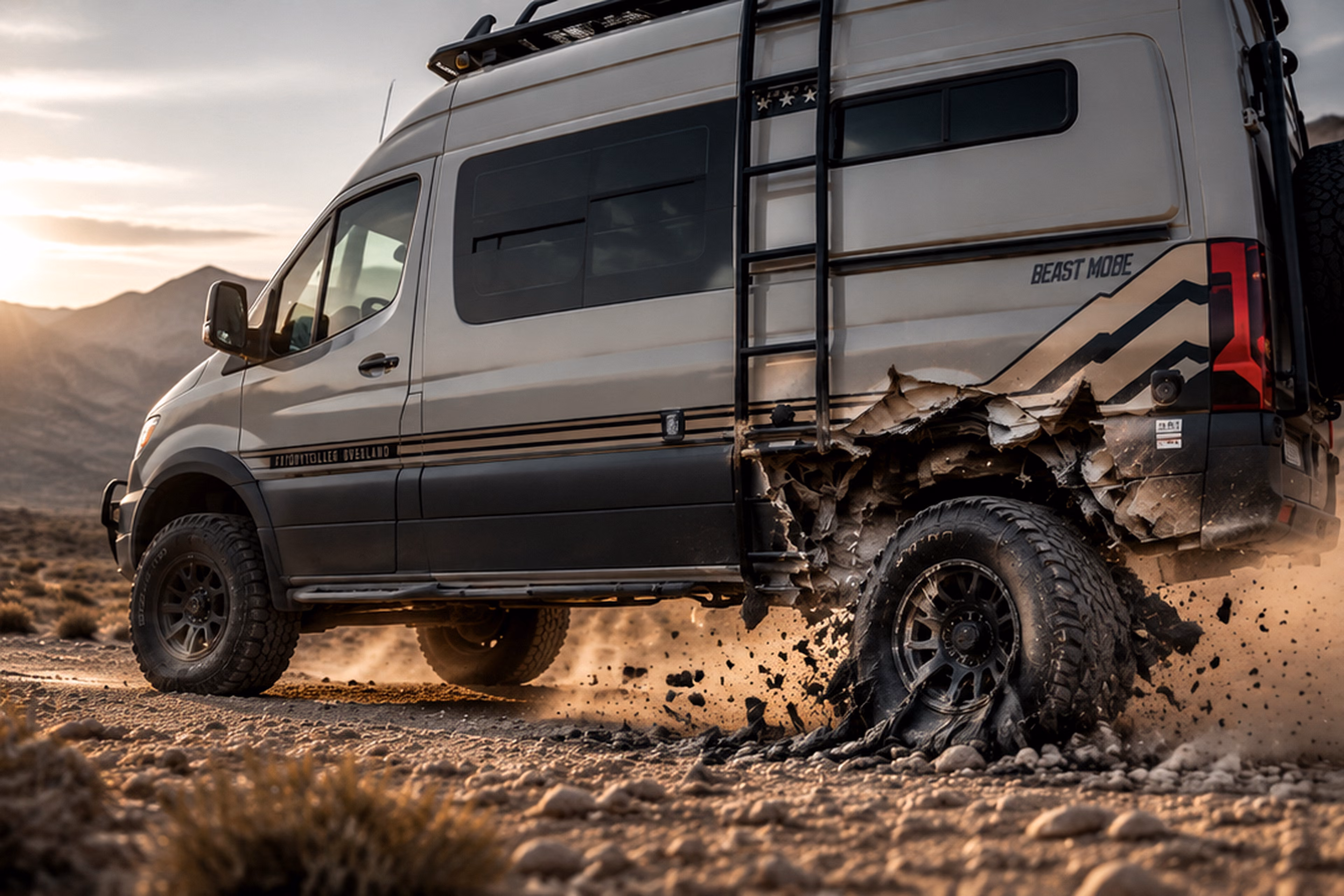 RV after a tire blowout without Titan Shield: the underbelly and side wall are torn apart